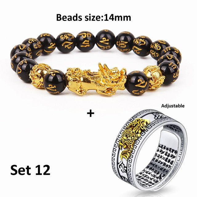 Unisex Men Pixiu Charms Ring Bracelet Chinese Feng Shui Amulet Wealth and Lucky Open Adjustable Ring Bead Bracelet