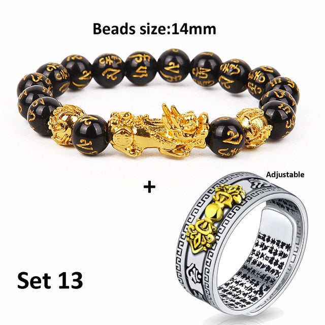 Unisex Men Pixiu Charms Ring Bracelet Chinese Feng Shui Amulet Wealth and Lucky Open Adjustable Ring Bead Bracelet