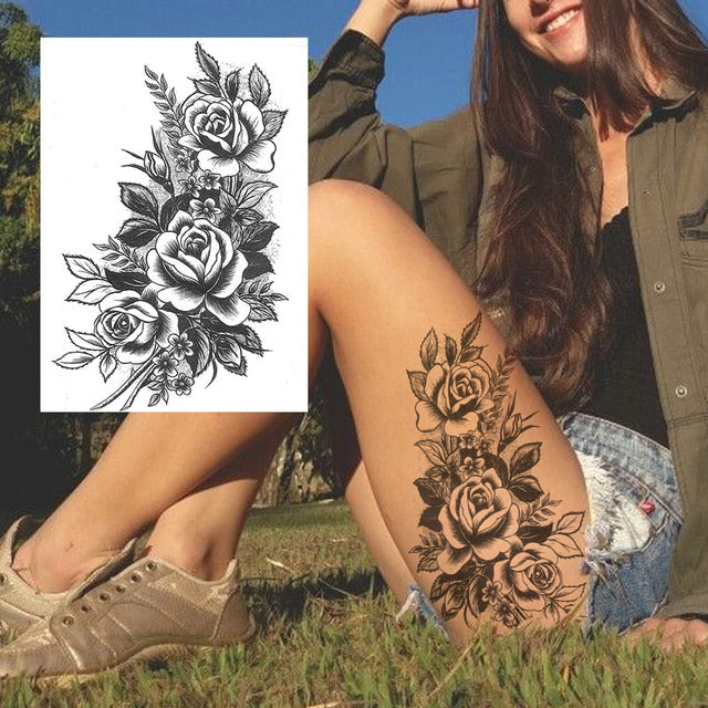 Sexy Flower Temporary Tattoos For Women Body Art Painting Arm Legs Tattoos Sticker Realistic Fake Black Rose Waterproof Tattoos