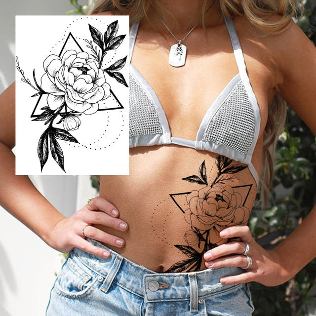 Sexy Flower Temporary Tattoos For Women Body Art Painting Arm Legs Tattoos Sticker Realistic Fake Black Rose Waterproof Tattoos