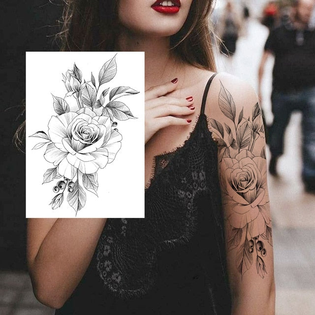 Sexy Flower Temporary Tattoos For Women Body Art Painting Arm Legs Tattoos Sticker Realistic Fake Black Rose Waterproof Tattoos