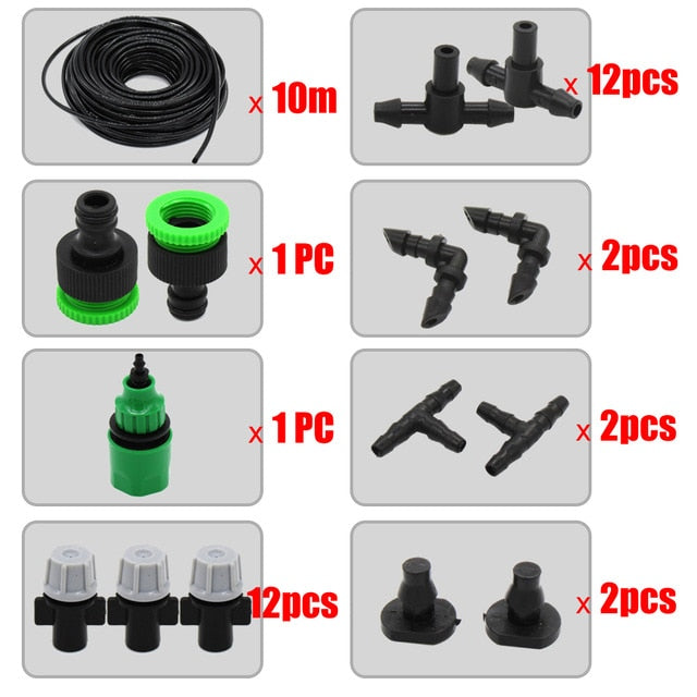 1 Kit Fog Watering Irrigation System Portable Misting Cooling Automatic Water Nozzle 10M PVC Hose Spray Head 4/7mm Tee Connecter