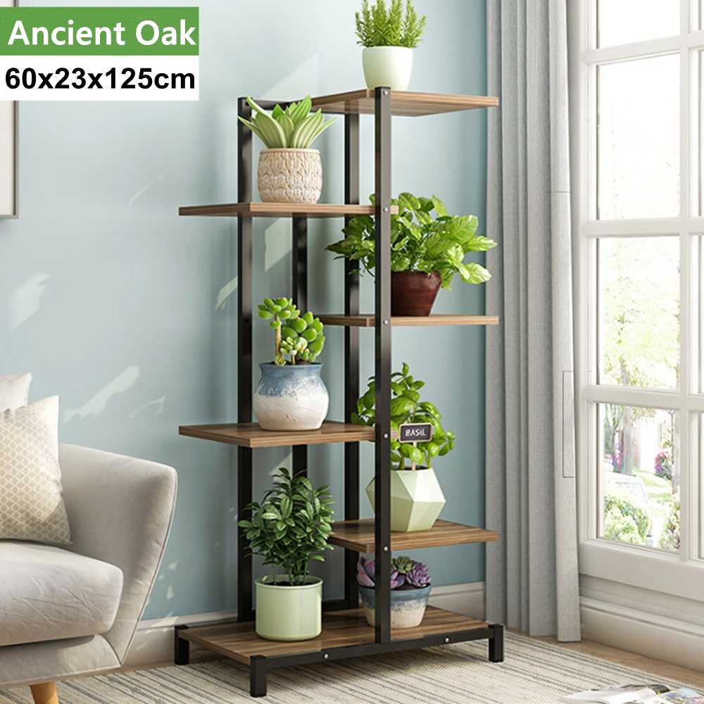 5 Tiers Wooden Iron Bookshelf Plant Rack Display Shelf Home Indoor Outdoor Yard Garden Patio Balcony Flower Stands 60x23x125cm