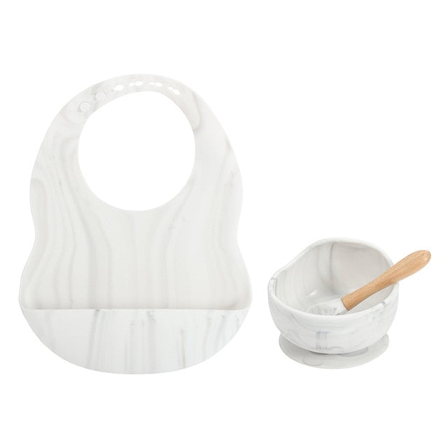 New Colors Feeding set Food Grade Silicone Bibs Baby Plate Non-silp Suction Bowl Kids Tableware Waterproof Bib BPA Free Spoon