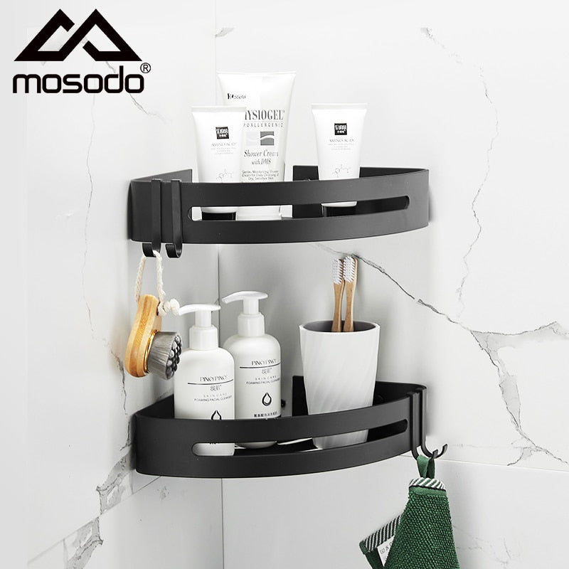 Mosodo Bathroom Shelf Organizer Shower Storage Rack Black Corner Shelves Wall Mounted Aluminum Toilet Shampoo Holder No Drill
