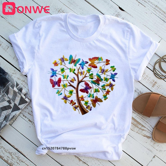 Woman Butterfly Tree Print Harajuku Summer Tshirts Casual Round Neck Short Slee Top Tee Shirt,Drop Ship