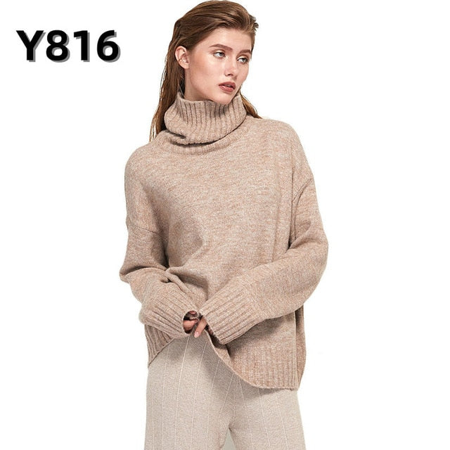 Aachoae Autumn Winter Women Knitted Turtleneck Cashmere Sweater 2020 Casual Basic Pullover Jumper Batwing Long Sleeve Loose Tops