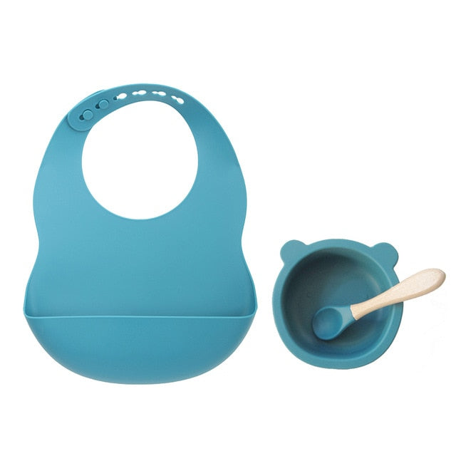 New Colors Feeding set Food Grade Silicone Bibs Baby Plate Non-silp Suction Bowl Kids Tableware Waterproof Bib BPA Free Spoon