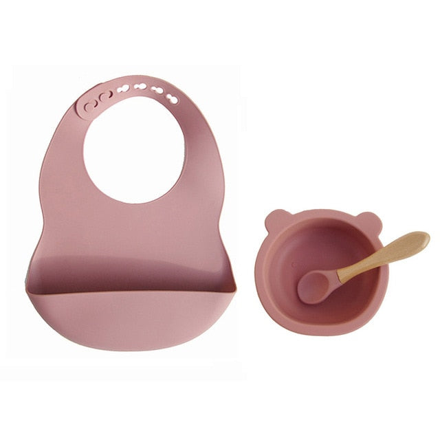 New Colors Feeding set Food Grade Silicone Bibs Baby Plate Non-silp Suction Bowl Kids Tableware Waterproof Bib BPA Free Spoon