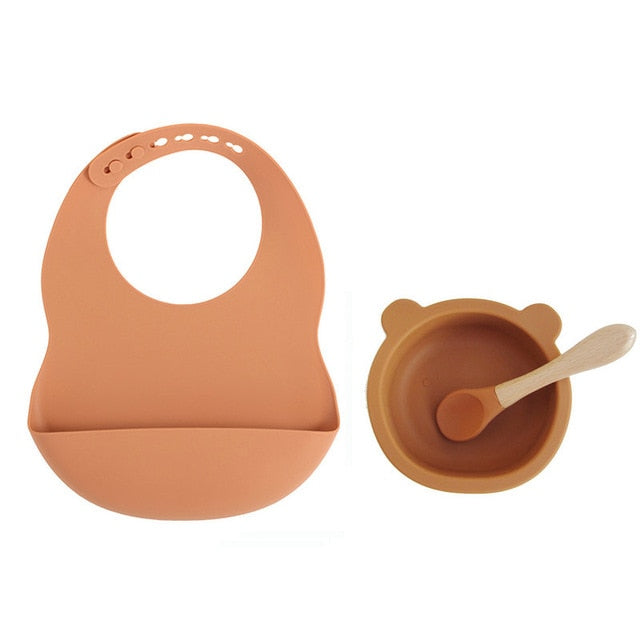 New Colors Feeding set Food Grade Silicone Bibs Baby Plate Non-silp Suction Bowl Kids Tableware Waterproof Bib BPA Free Spoon