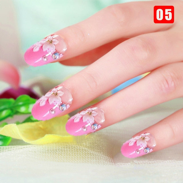 24pcs Ladies Fake Nails Transparent Floral Beads Decor DIY Bride False Nail Sdecoration Supplies Nail Stickers накладные ногти