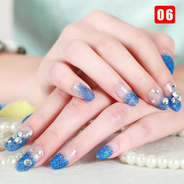 24pcs Ladies Fake Nails Transparent Floral Beads Decor DIY Bride False Nail Sdecoration Supplies Nail Stickers накладные ногти