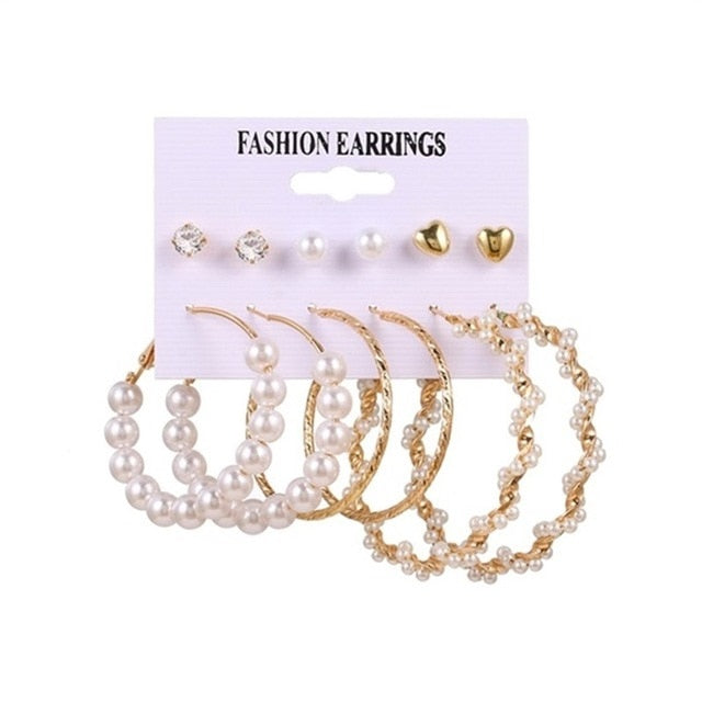 EN 12 Pairs Flower Women'S Earrings Set Pearl Crystal Stud Earrings Boho Geometric Tassel Earrings For Women 2020 Jewelry Gift