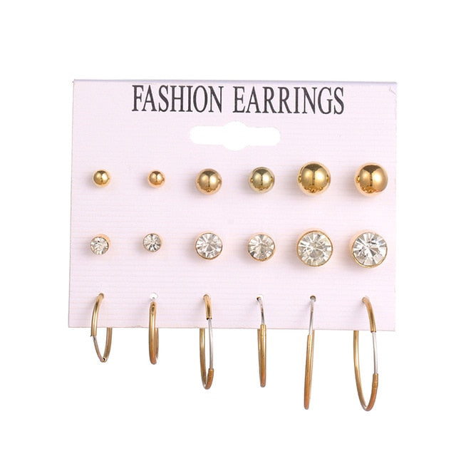 EN 12 Pairs Flower Women'S Earrings Set Pearl Crystal Stud Earrings Boho Geometric Tassel Earrings For Women 2020 Jewelry Gift