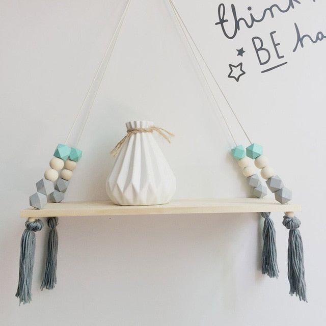 Nordic style colorful beads tassel wooden Wall Shelf Wall clapboard decoration Children room kids clothing store display stand