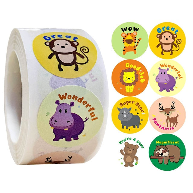 500 Pcs Reward Stickers Motivational Stickers Roll for Kids for School Reward Students Teachers Cute Animals Stickers Labels