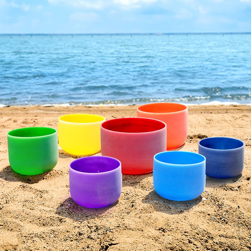 TOPFUND Chakra Tuned Set of 7 Colored Frosted Quartz Crystal Singing Bowls 7"-12"-ship from USA