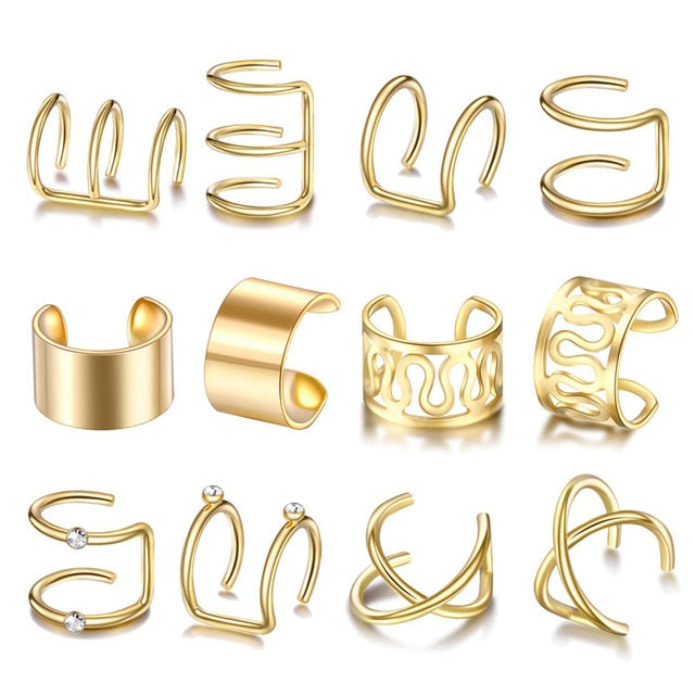12pcs/set 2020 Fashion Gold Color Ear Cuffs Leaf Clip Earrings for Women Climbers No Piercing Fake Cartilage Earring Accessories