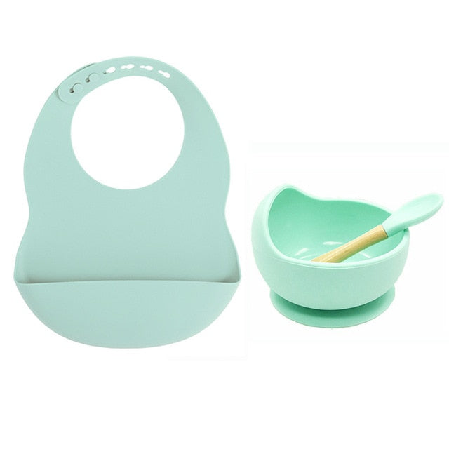 New Colors Feeding set Food Grade Silicone Bibs Baby Plate Non-silp Suction Bowl Kids Tableware Waterproof Bib BPA Free Spoon