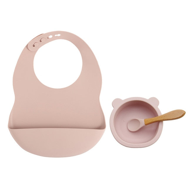 New Colors Feeding set Food Grade Silicone Bibs Baby Plate Non-silp Suction Bowl Kids Tableware Waterproof Bib BPA Free Spoon