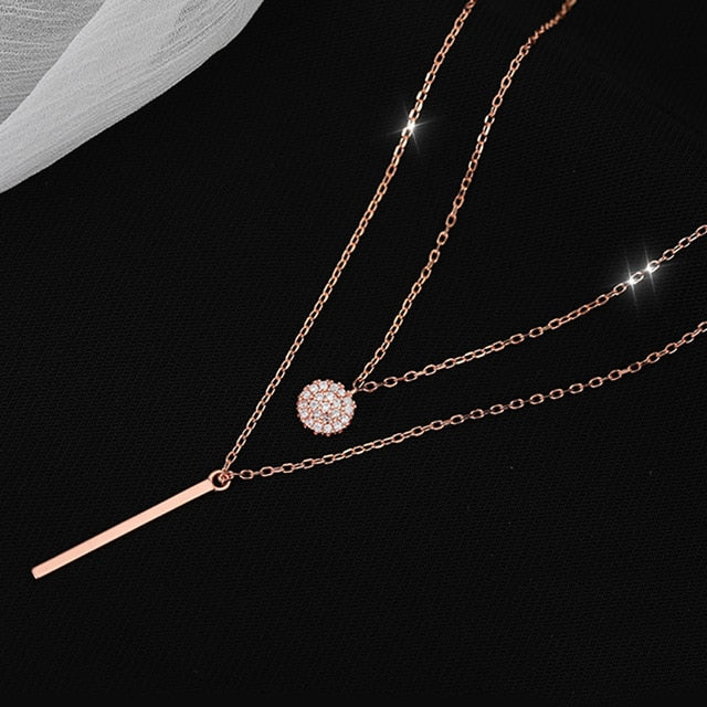 925 Sterling Silver Double layer Necklace Round Shiny Full Zircon Long pendant Necklaces Gift For Girl Fine Accessories NK062