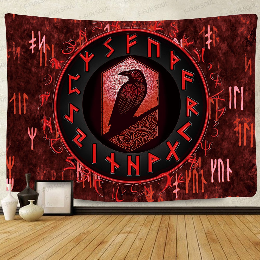 Simsant Viking Raven Tapestry Mysterious Viking Meditation Psychedelic Runes Art Wall Hanging Tapestries for Living Room Decor