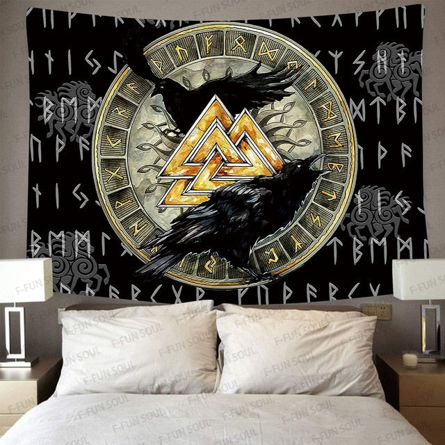 Simsant Viking Raven Tapestry Mysterious Viking Meditation Psychedelic Runes Art Wall Hanging Tapestries for Living Room Decor