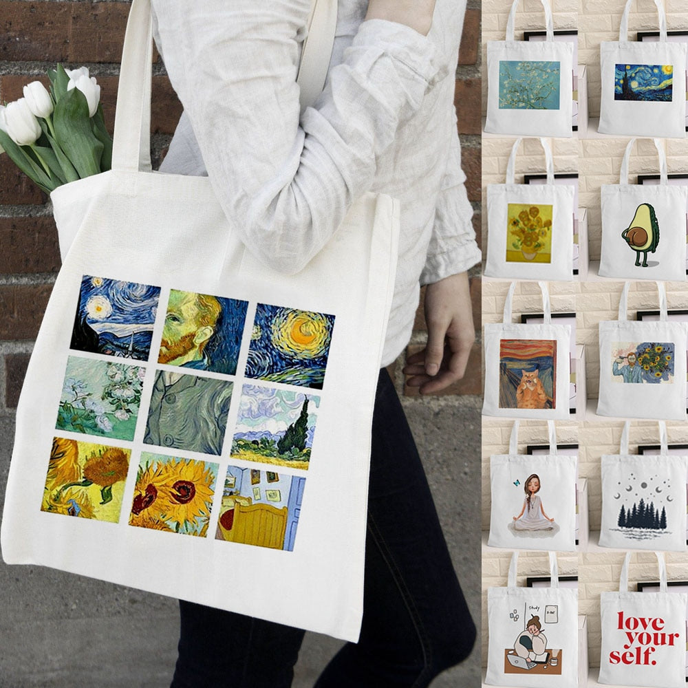 Van Gogh Shopping Bag Graphic Tote Harajuku Shopper Bag Women Canvas Shoulder Bag Female Ulzzang Funny Eco Large-capacity