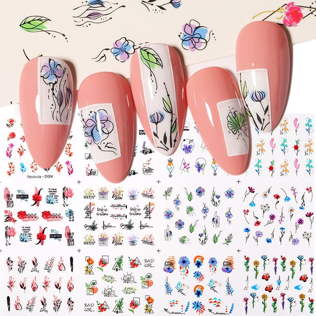 12 Designs Nail Stickers Set Mixed Floral Geometric Nail Art Water Transfer Decals Sliders Flower Leaves Manicures Decoration