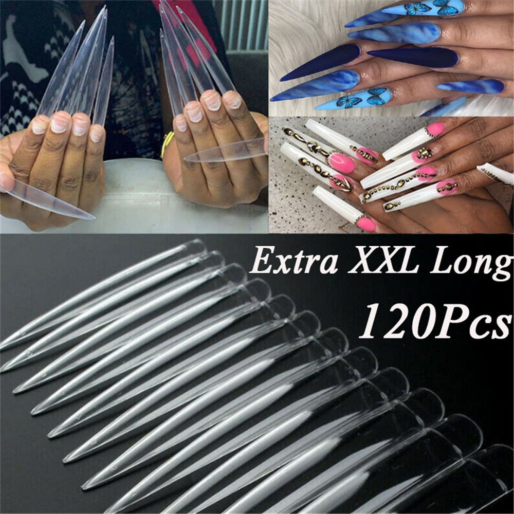 12/60/120Pcs/Bag Transparent Natural XXL Extra Long Stiletto False Nail Tips Half Cover Nails Fake Tip Salon Manicure Supply Set