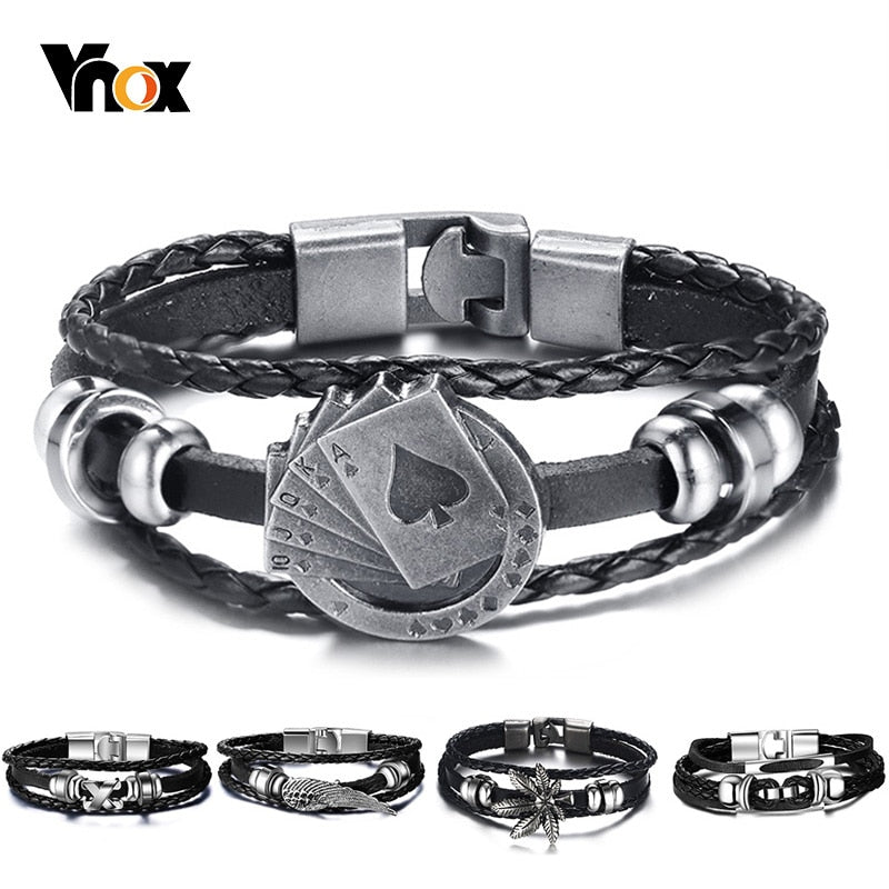 Vnox Lucky Vintage Men's Leather Bracelet Playing Cards Raja Vegas Charm Multilayer Braided Women Pulseira Masculina 7.87"