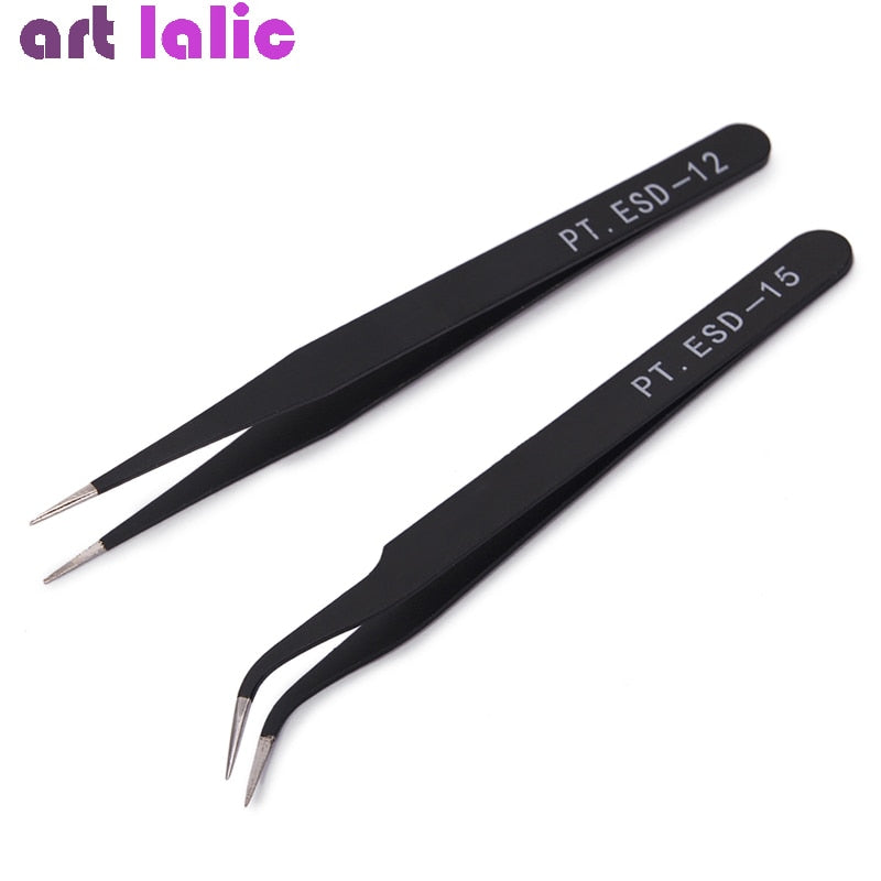 2Pcs Stainless Steel Curved Straight Black Tweezer Nail Art Rhinestones Nipper Picking Tool Sequins Beads