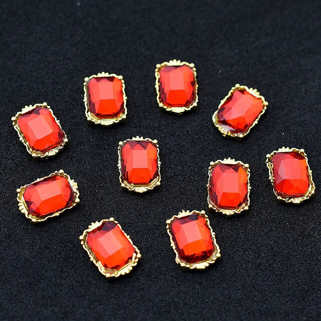 10pcs Gold 3D Red Gems Crystal Bright Nail Rhinestone Alloy Nail Art Decorations Glitter DIY Nails Accessories Supplies TOP