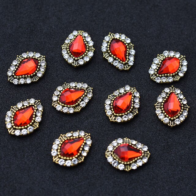 10pcs Gold 3D Red Gems Crystal Bright Nail Rhinestone Alloy Nail Art Decorations Glitter DIY Nails Accessories Supplies TOP