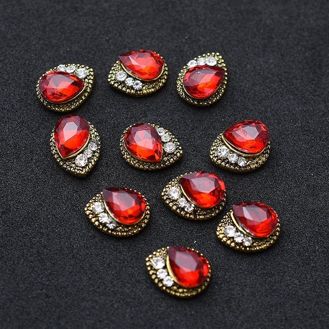 10pcs Gold 3D Red Gems Crystal Bright Nail Rhinestone Alloy Nail Art Decorations Glitter DIY Nails Accessories Supplies TOP