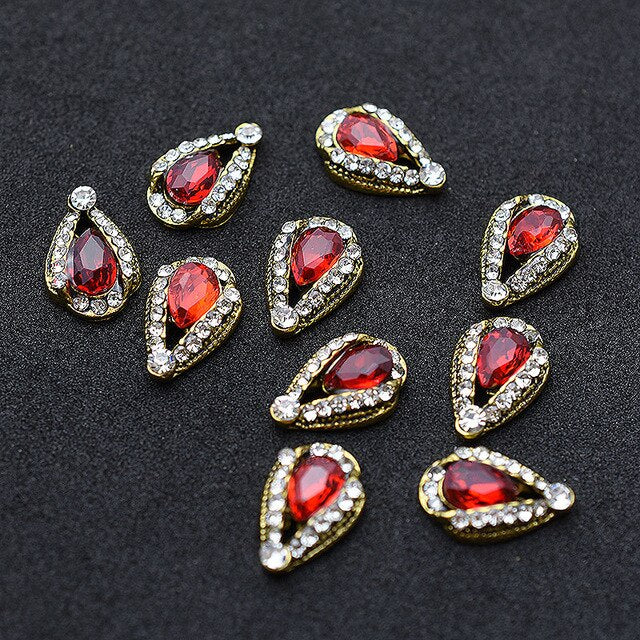 10pcs Gold 3D Red Gems Crystal Bright Nail Rhinestone Alloy Nail Art Decorations Glitter DIY Nails Accessories Supplies TOP