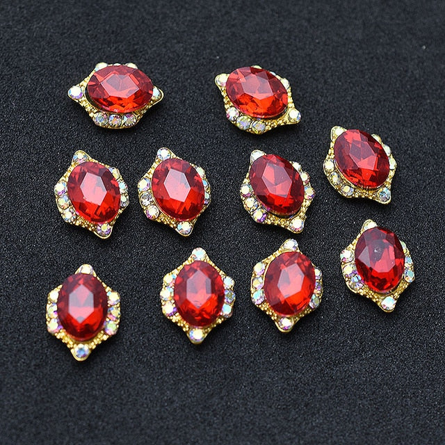 10pcs Gold 3D Red Gems Crystal Bright Nail Rhinestone Alloy Nail Art Decorations Glitter DIY Nails Accessories Supplies TOP