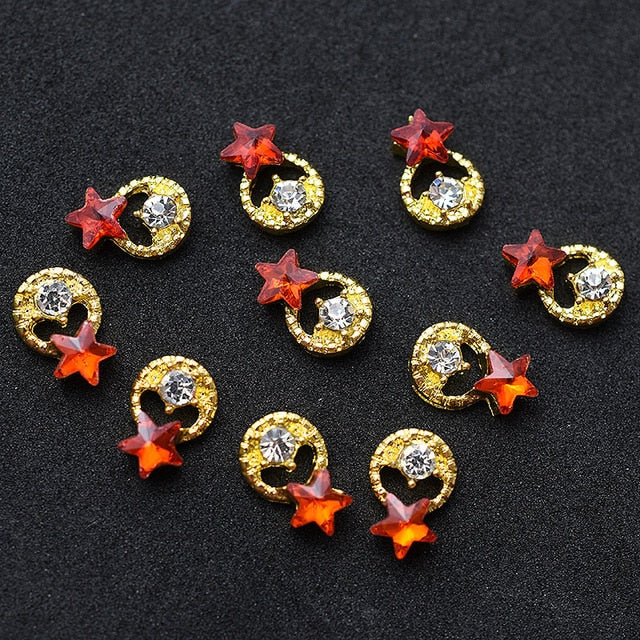 10pcs Gold 3D Red Gems Crystal Bright Nail Rhinestone Alloy Nail Art Decorations Glitter DIY Nails Accessories Supplies TOP