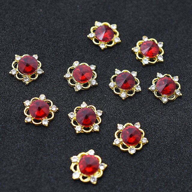 10pcs Gold 3D Red Gems Crystal Bright Nail Rhinestone Alloy Nail Art Decorations Glitter DIY Nails Accessories Supplies TOP