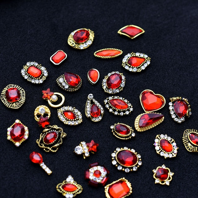 10pcs Gold 3D Red Gems Crystal Bright Nail Rhinestone Alloy Nail Art Decorations Glitter DIY Nails Accessories Supplies TOP