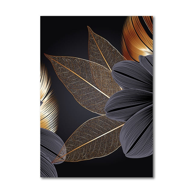 Black Golden Plant Leaf Canvas Poster Print Modern Home Decor Abstract Wall Art Painting Nordic Living Room Decoration Picture