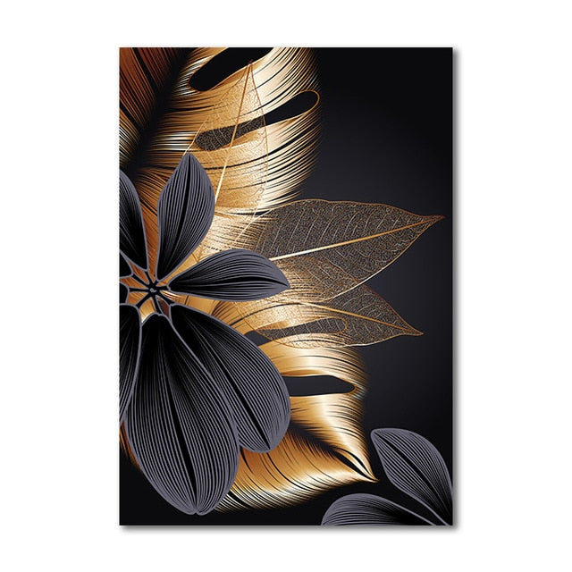 Black Golden Plant Leaf Canvas Poster Print Modern Home Decor Abstract Wall Art Painting Nordic Living Room Decoration Picture