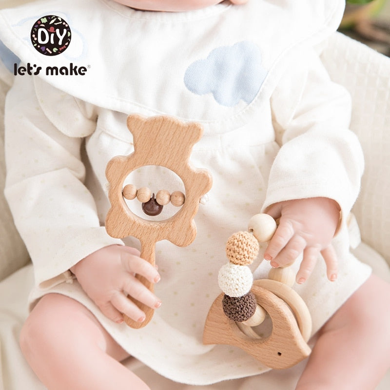 Let's Make 2PCS/Set Bed Bell Baby Toys Teether Wooden Rattles Bracelet Pacifier Chain Rodent Beading Beech Musical Newborn Toys