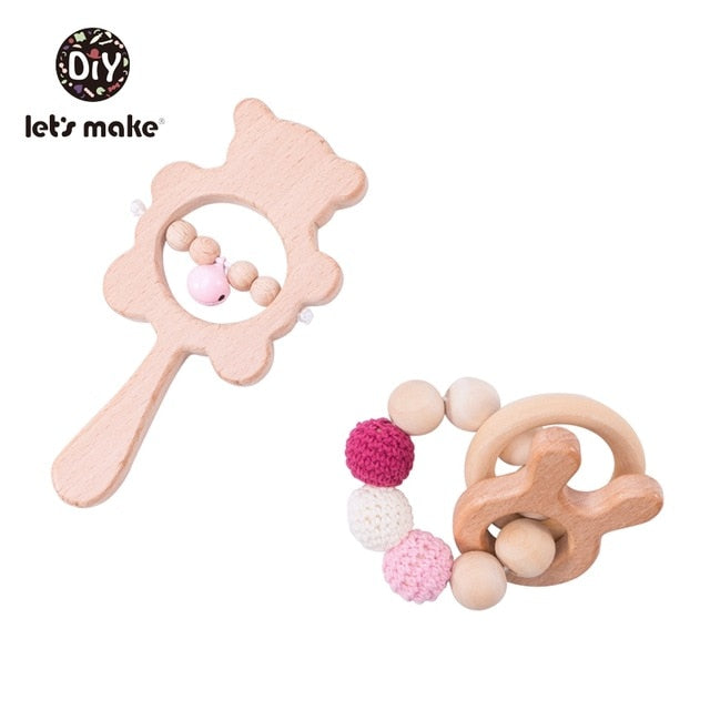 Let's Make 2PCS/Set Bed Bell Baby Toys Teether Wooden Rattles Bracelet Pacifier Chain Rodent Beading Beech Musical Newborn Toys