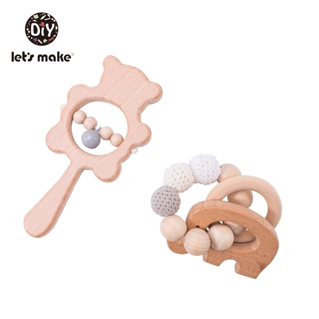 Let's Make 2PCS/Set Bed Bell Baby Toys Teether Wooden Rattles Bracelet Pacifier Chain Rodent Beading Beech Musical Newborn Toys