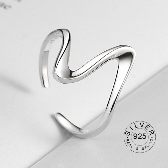 100% 925 Sterling Silver Open Ring for Women INS Minimalist Irregular Wave Pattern Gold Color Jewelry Bijoux Birthday