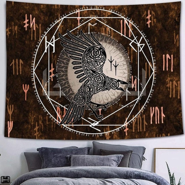 Simsant Viking Raven Tapestry Mysterious Viking Meditation Psychedelic Runes Art Wall Hanging Tapestries for Living Room Decor