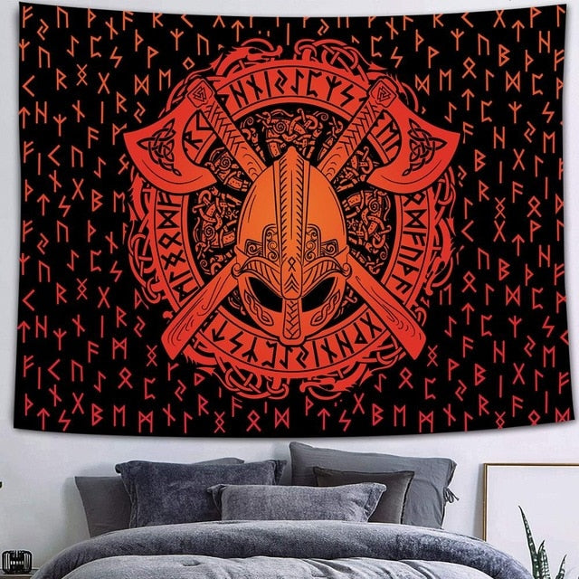 Simsant Viking Raven Tapestry Mysterious Viking Meditation Psychedelic Runes Art Wall Hanging Tapestries for Living Room Decor