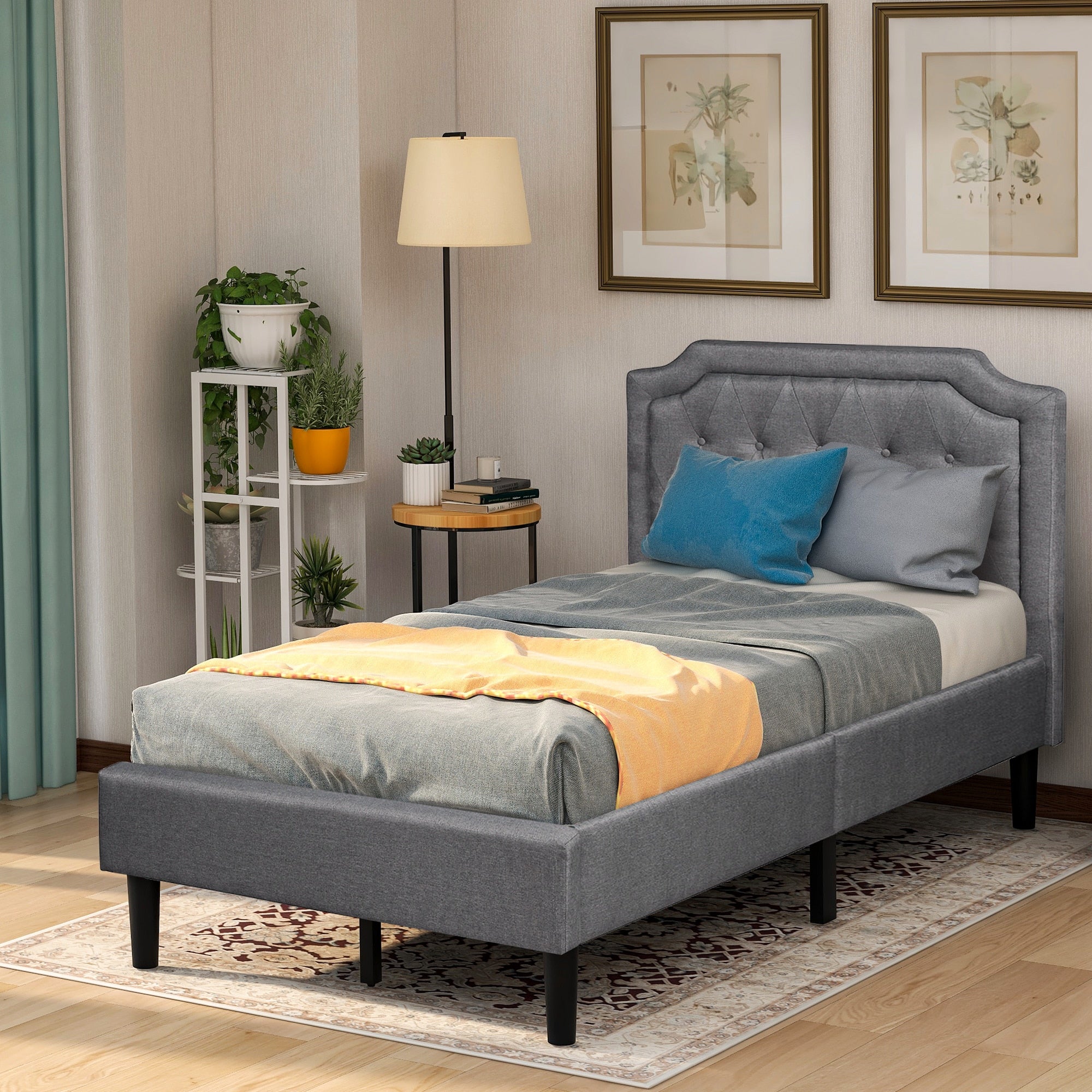 Bed Frame Twin Size Upholstered Linen Platform Bed Gary Bedroom Furniture Ship From USA Warehouse