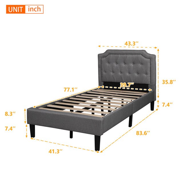 Bed Frame Twin Size Upholstered Linen Platform Bed Gary Bedroom Furniture Ship From USA Warehouse